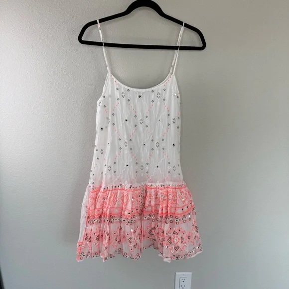 Juliet Dunn Nomad Embroidered Mirrored Cotton Mini Dress White Coral Boho 6/8 - Picture 2 of 15